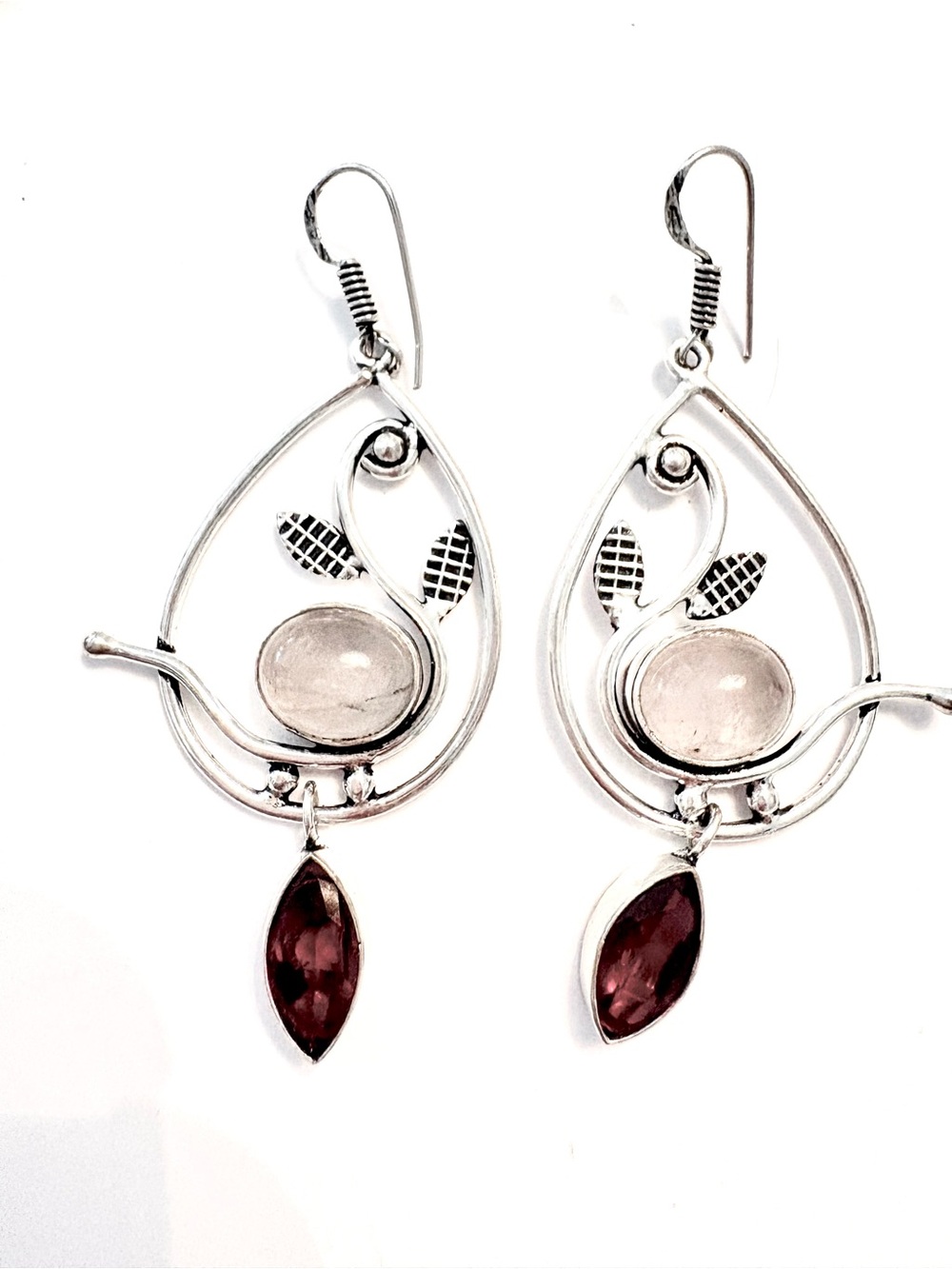 Stunning, 2 1/2 inch, 925  marked, Rose Quartz and Garnet earrings.